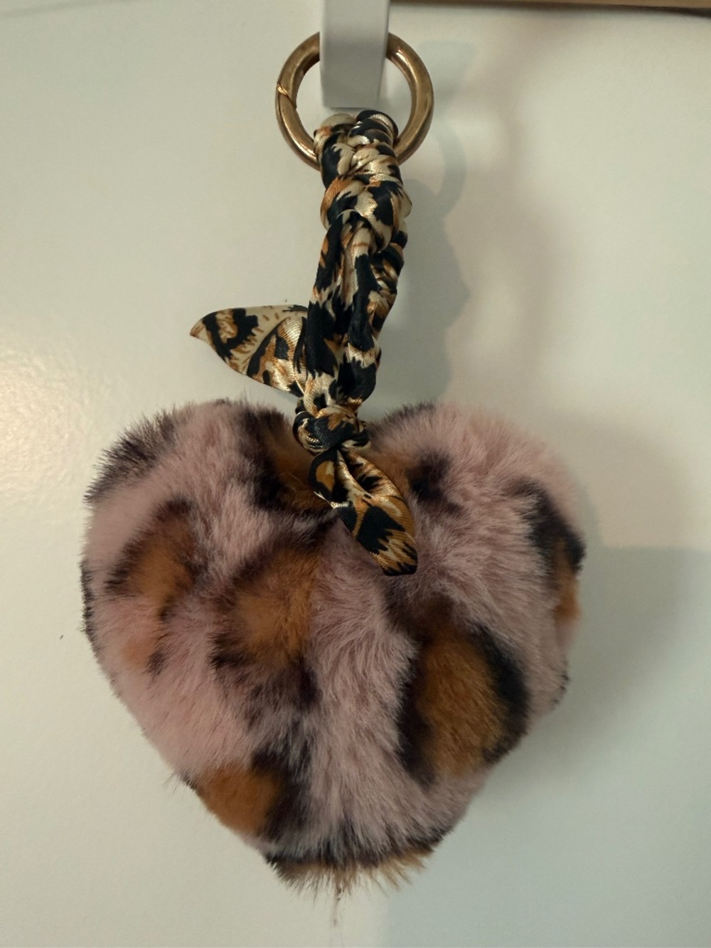 Pink Leopard Print Heart Fluffy Keychain Bag Charm